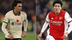 Trent Alexander-Arnold of Liverpool (left) and Takehiro Tomiyasu of Arsenal (right)