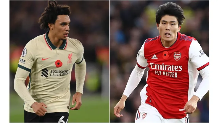 Trent Alexander-Arnold of Liverpool (left) and Takehiro Tomiyasu of Arsenal (right)