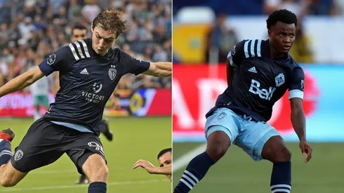 Wilson Harris #96 of Sporting Kansas City (left) and Javain Brown #23 of Vancouver Whitecaps