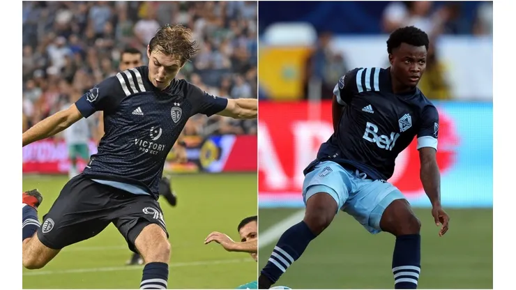 Wilson Harris #96 of Sporting Kansas City (left) and Javain Brown #23 of Vancouver Whitecaps