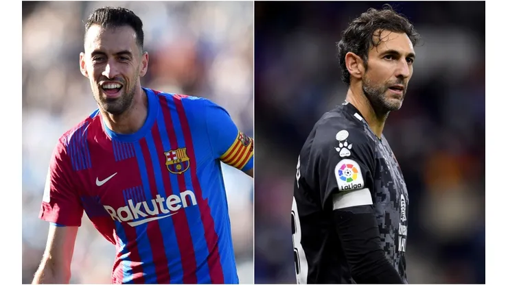 Sergio Busquets of Barcelona (left) and Diego Lopez of Espanyol (right)
