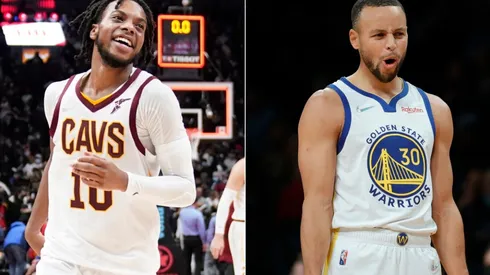 Darius Garland of the Cleveland Cavaliers (left) and Stephen Curry of the Golden State Warriors (right)
