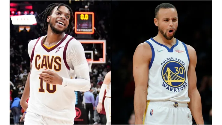 Darius Garland of the Cleveland Cavaliers (left) and Stephen Curry of the Golden State Warriors (right)