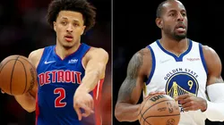 Cade Cunningham of the Detroit Pistons (left) and Andre Iguodala of the Golden State Warriors (right)