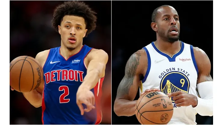 Cade Cunningham of the Detroit Pistons (left) and Andre Iguodala of the Golden State Warriors (right)