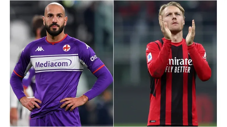 Riccardo Saponara of Fiorentina (left) and Simon Kjaer of Milan (right)