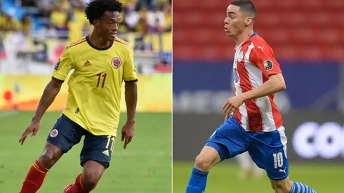 Juan Cuadrado of Colombia (left) and Miguel Almiron of Paraguay