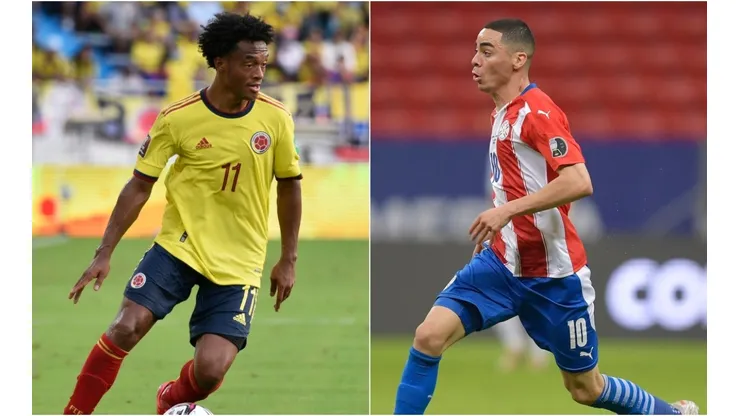 Juan Cuadrado of Colombia (left) and Miguel Almiron of Paraguay