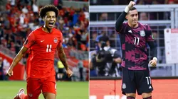 Tajon Buchanan of Canada (left) and Rogelio Funes Mori of Mexico
