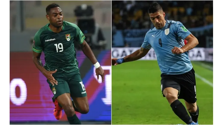 Marc Enoumba of Bolivia and Luis Suarez of Uruguay