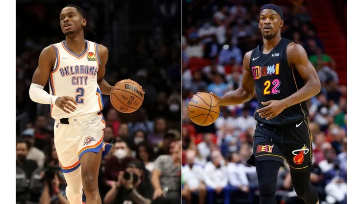 Shai Gilgeous-Alexander of Thunder (left) and Jimmy Butler of Heat