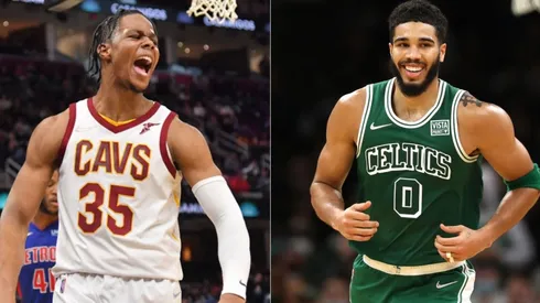 Isaac Okoro of the Cavaliers (left) and Jayson Tatum of the Celtics
