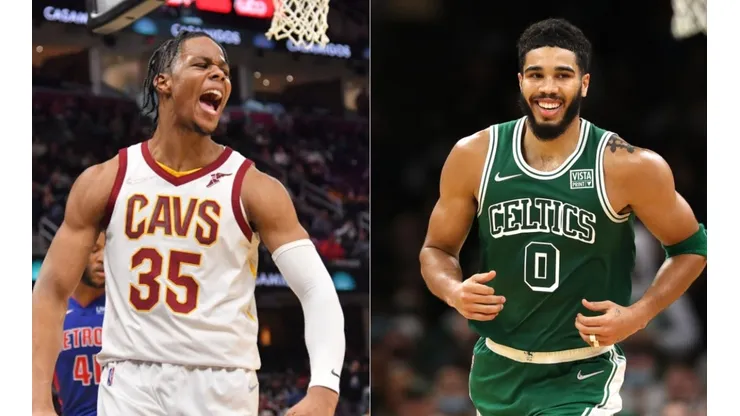 Isaac Okoro of the Cavaliers (left) and Jayson Tatum of the Celtics