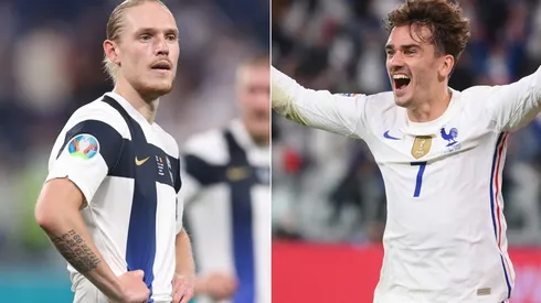Fredrik Jensen of Finland (left) and Antoine Griezmann of France (right)