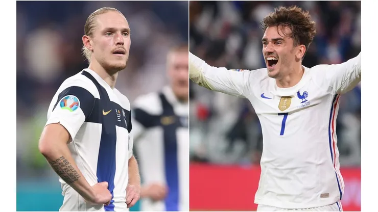 Fredrik Jensen of Finland (left) and Antoine Griezmann of France (right)