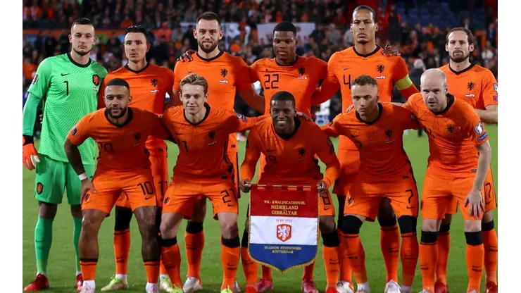 The Netherlands players line up prior a game