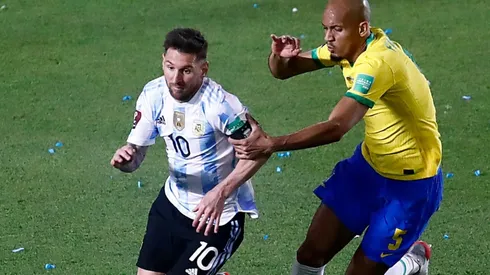 Messi against Fabinho during Argentina's goalless draw with Brazil.