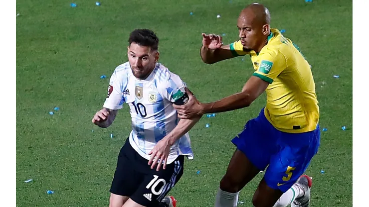 Messi against Fabinho during Argentina's goalless draw with Brazil.