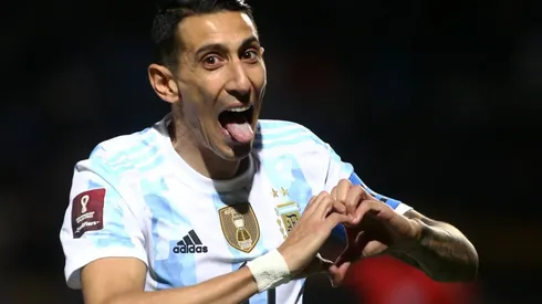 Angel Di Maria of Argentina celebrates after scoring against Uruguay.