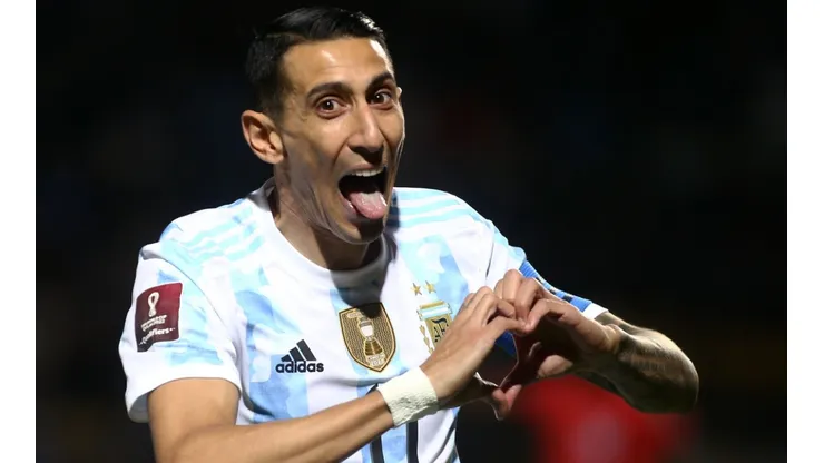 Angel Di Maria of Argentina celebrates after scoring against Uruguay.