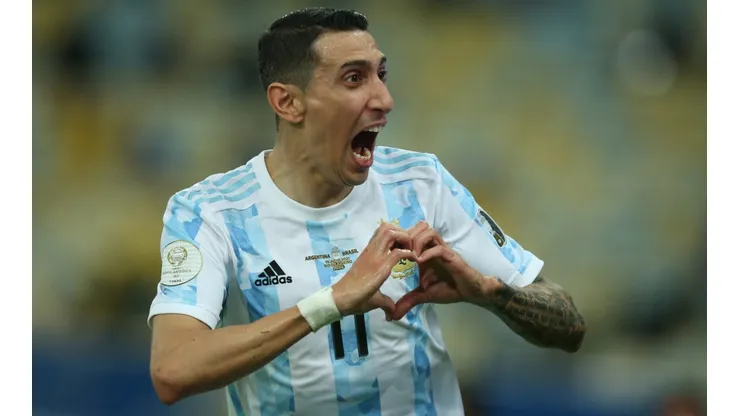 Angel Di Maria of Argentina celebrates after scoring against Brazil in the 2021 Copa Ameria final.