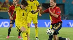 Victor Lindelof of Sweden (left) and Pablo Sarabia of Spain (right)