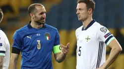 Giorgio Chiellini of Italy (left) and Jonny Evans of Northern Ireland (right)