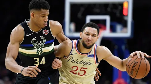 Giannis Antetokounmpo guarding Ben Simmons