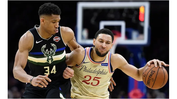 Giannis Antetokounmpo guarding Ben Simmons