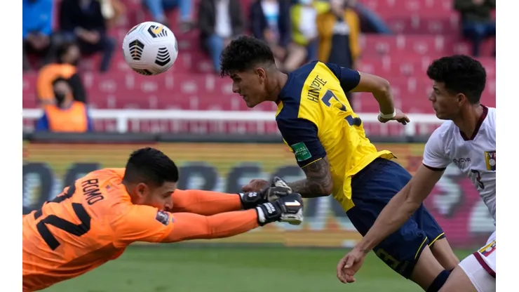 Piero Hincapie of Ecuador heads the ball to score against Venezuela.