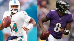 Jacoby Brissett (left) would be behind center for the Dolphins if Tua Tagovailoa isn't ready to return, while Lamar Jackson will start for the Ravens.