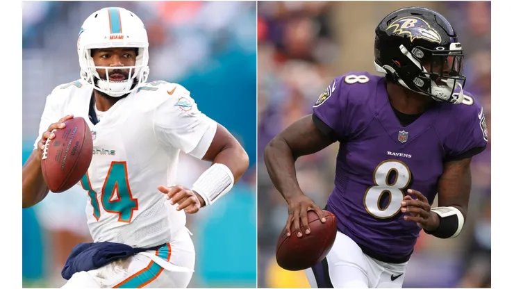 Jacoby Brissett (left) would be behind center for the Dolphins if Tua Tagovailoa isn't ready to return, while Lamar Jackson will start for the Ravens.