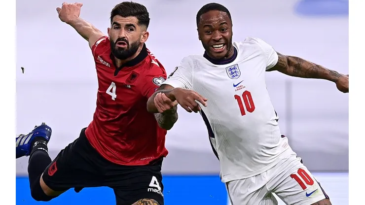 Raheem Sterling of England (right) and Elseid Hysaj of Albania (left)