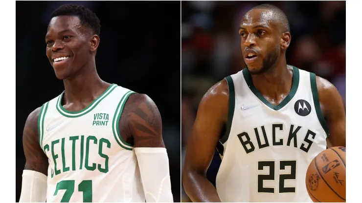 Dennis Schroder of the Boston Celtics (left) and Khris Middleton of the Milwaukee Bucks (right)