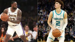 LeBron James of the Lakers (left) and LaMelo Ball of the Hornets