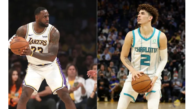 LeBron James of the Lakers (left) and LaMelo Ball of the Hornets