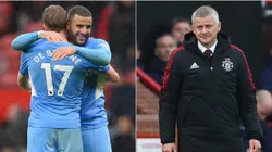 Kevin De Bruyne and Kyle Walker of Manchester City (left) and Ole Gunnar Solskjaer of Manchester United (right)