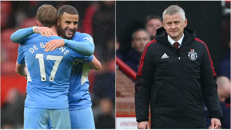 Kevin De Bruyne and Kyle Walker of Manchester City (left) and Ole Gunnar Solskjaer of Manchester United (right)