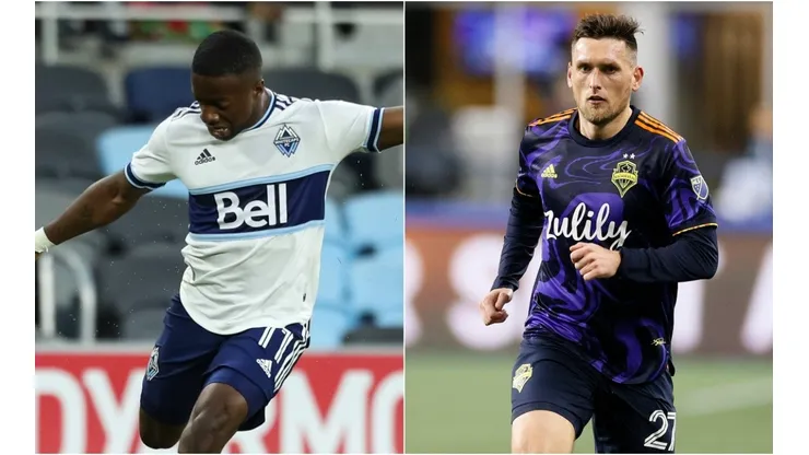 Cristian Dajome of Vancouver Whitecaps (left) and Shane O'Neill of Seattle Sounders