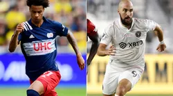 Tajon Buchanan of New England Revolution (left) and Gonzalo Higuain of Inter Miami