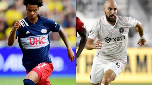 Tajon Buchanan of New England Revolution (left) and Gonzalo Higuain of Inter Miami