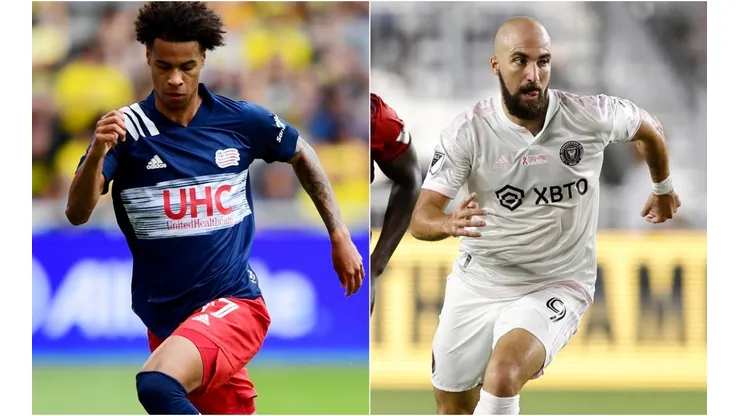 Tajon Buchanan of New England Revolution (left) and Gonzalo Higuain of Inter Miami
