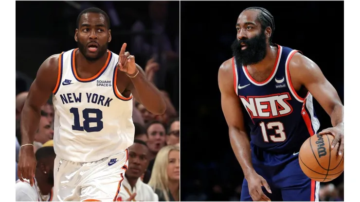 Alec Burks of the New York Knicks (left) and James Harden of the Brooklyn Nets (right)