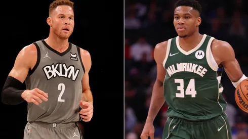 Blake Griffin of the Brooklyn Nets (left) and Giannis Antetokounmpo of the Milwaukee Bucks (right)