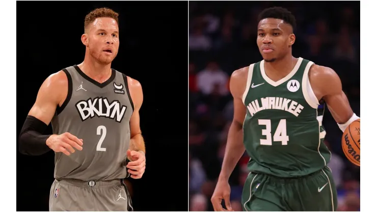 Blake Griffin of the Brooklyn Nets (left) and Giannis Antetokounmpo of the Milwaukee Bucks (right)