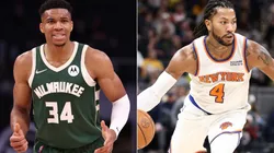 Giannis Antetokounmpo of the Milwaukee Bucks (left) and Derrick Rose of the New York Knicks (right)