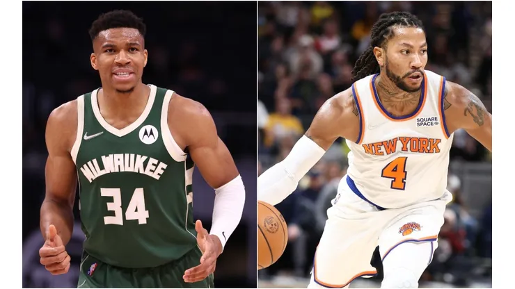 Giannis Antetokounmpo of the Milwaukee Bucks (left) and Derrick Rose of the New York Knicks (right)