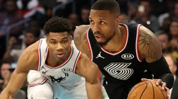 Giannis Antetokounmpo (left) and Damian Lillard in action during the 2019 NBA All-Star Game.