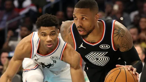 Giannis Antetokounmpo (left) and Damian Lillard in action during the 2019 NBA All-Star Game.