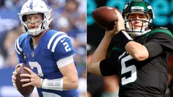 Indianapolis Colts quarterback Carson Wentz (left) and New York Jets quarterback Mike White.